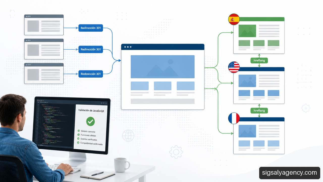 Diagrama de redirecciones 301, hreflang y validación de JavaScript para SEO técnico.