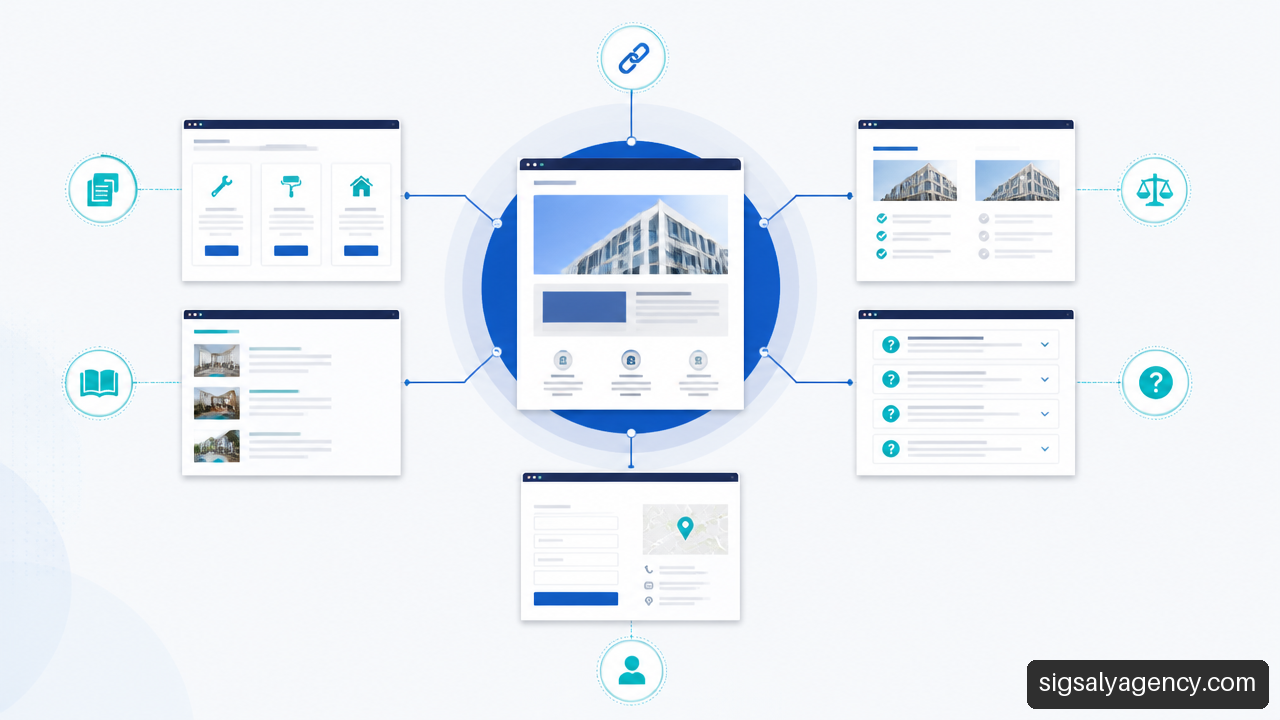 Diagrama de una arquitectura de contenidos con página pilar, contenidos de apoyo y páginas comerciales.