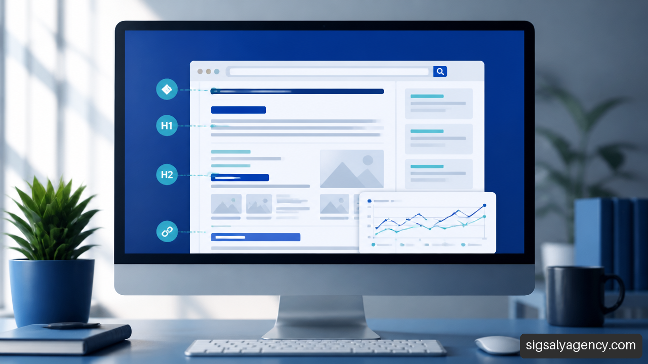 Ilustración de una página web optimizada con títulos, encabezados, enlaces internos y métricas de SEO onpage.