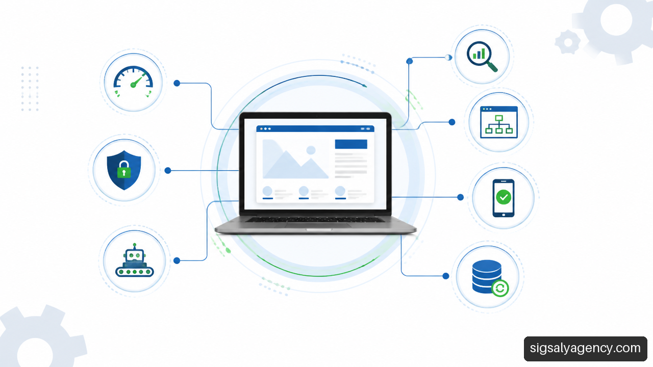 Infografía de SEO técnico, rastreo, velocidad, seguridad y mantenimiento web.