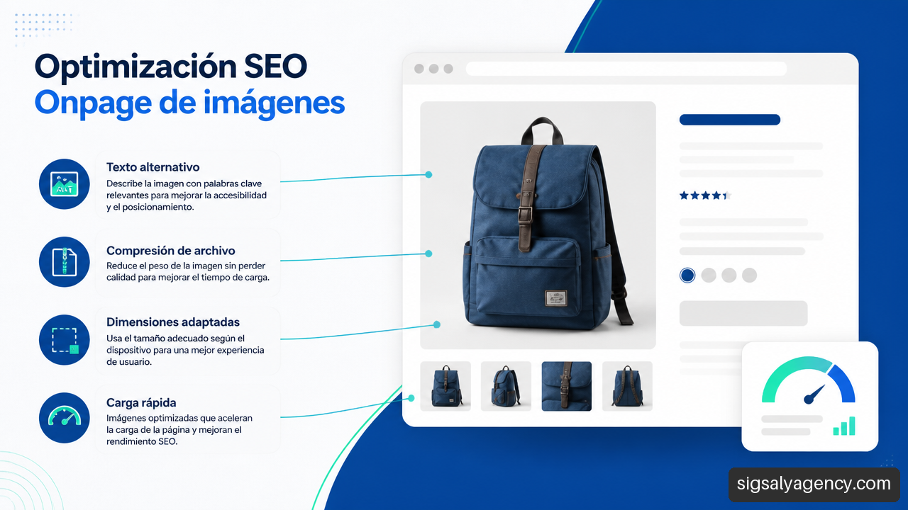Infografía sobre optimización de imágenes para SEO onpage con texto alternativo, compresión y carga rápida.