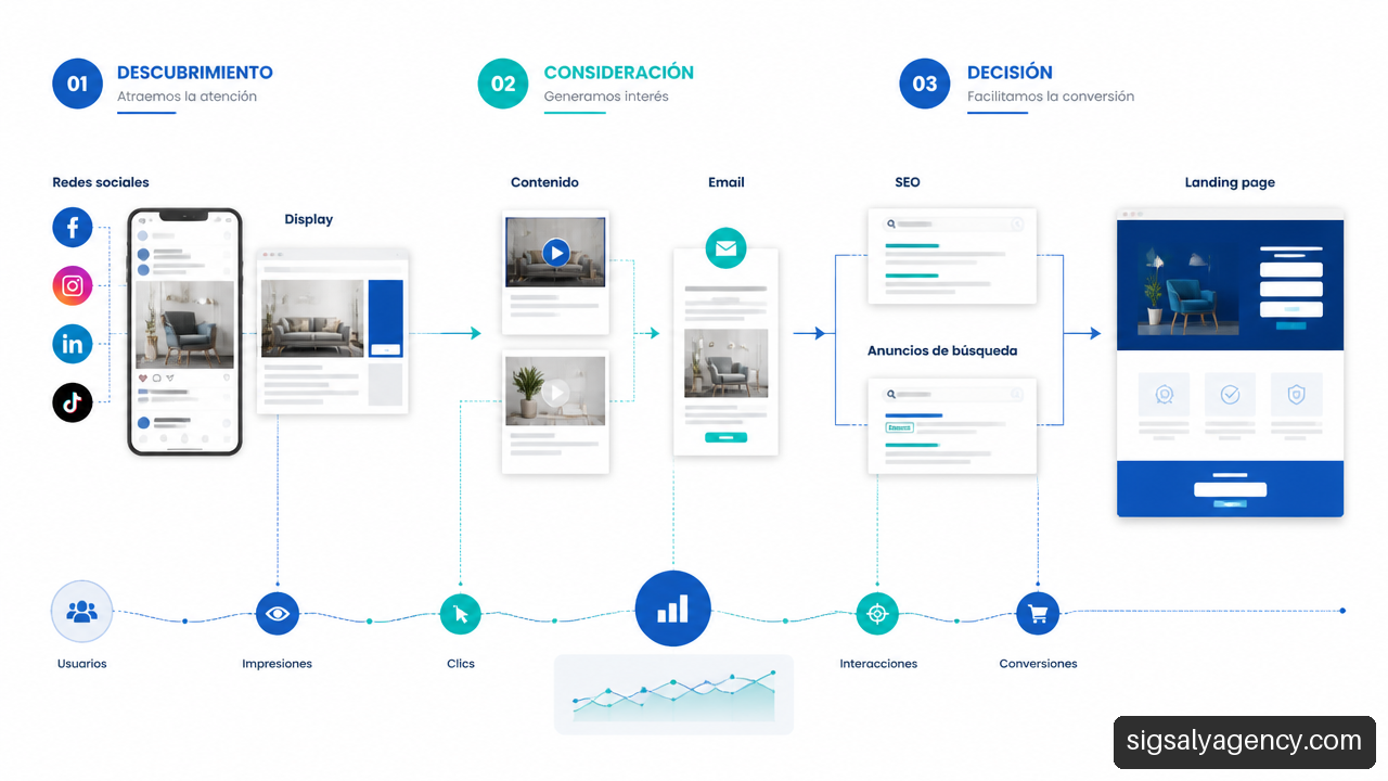 Recorrido de usuario desde descubrimiento hasta conversión en marketing online